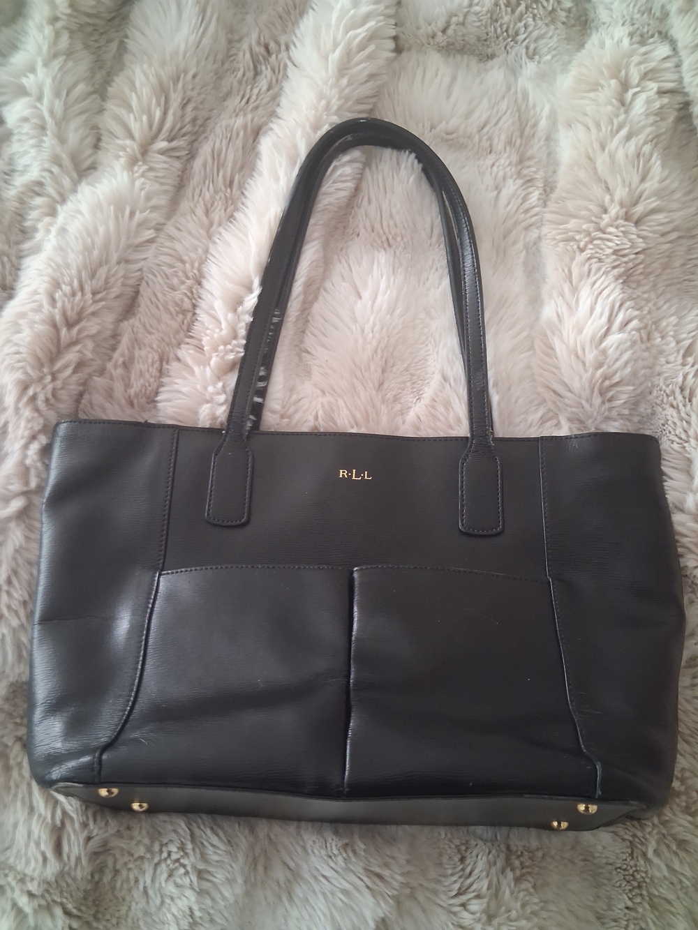 Ralph Lauren Black Leather Tote with Gold Accents